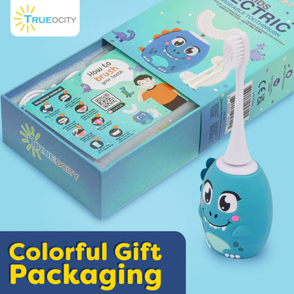 Trueocity Kids U-Shape Electric Toothbrush - 360° Silicone U-Shaped Head for Ages 2–7 (Blue) | Dinosaur Design