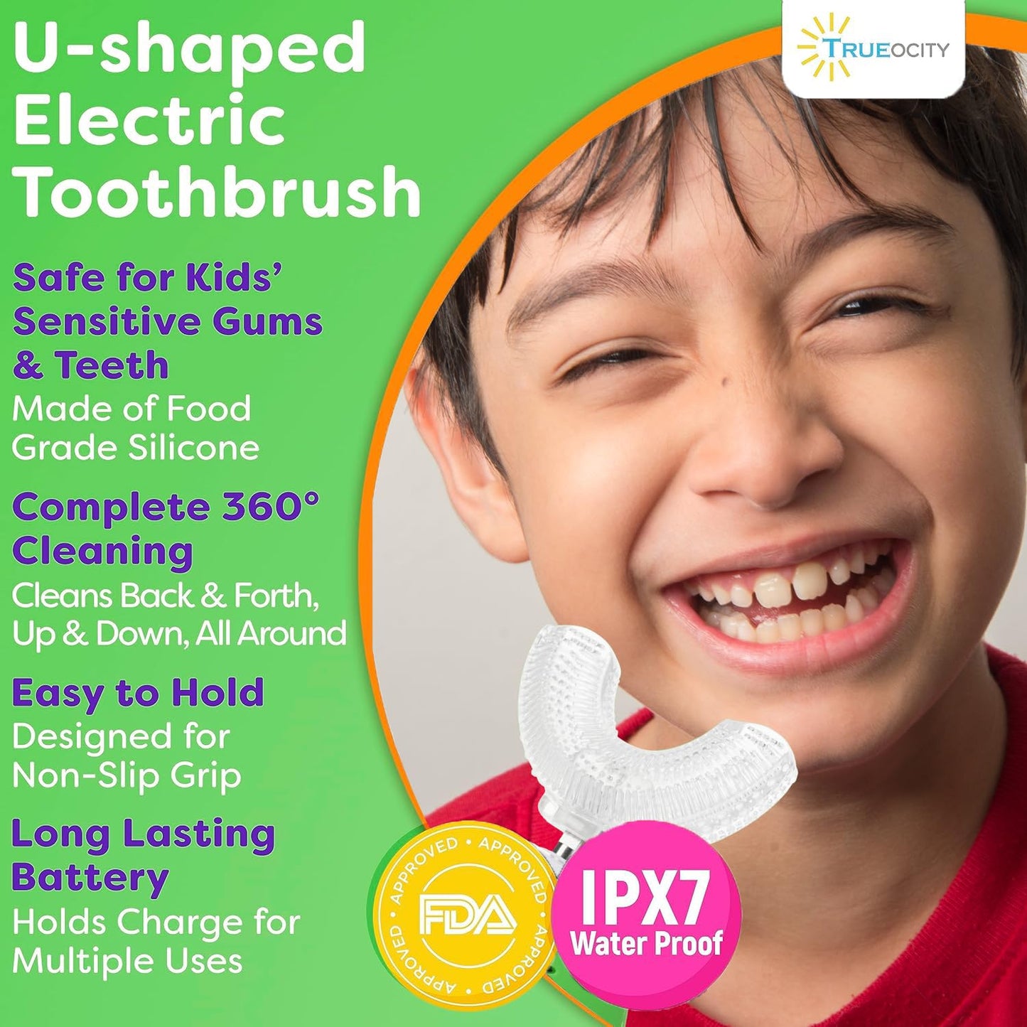 Trueocity Kids U Shape Electric Toothbrush 360-Degree Silicone U-Head (Ages 2-7)