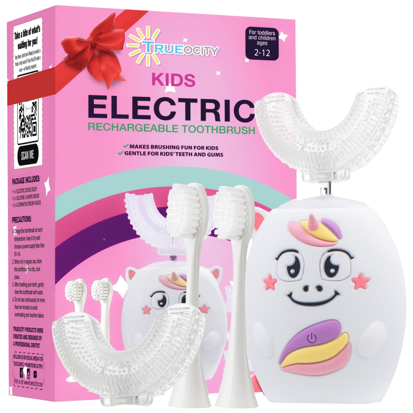 Trueocity Kids U-Shape Auto Electric Toothbrush – 360° Silicone Head, Unicorn Pink (Ages 2–7)