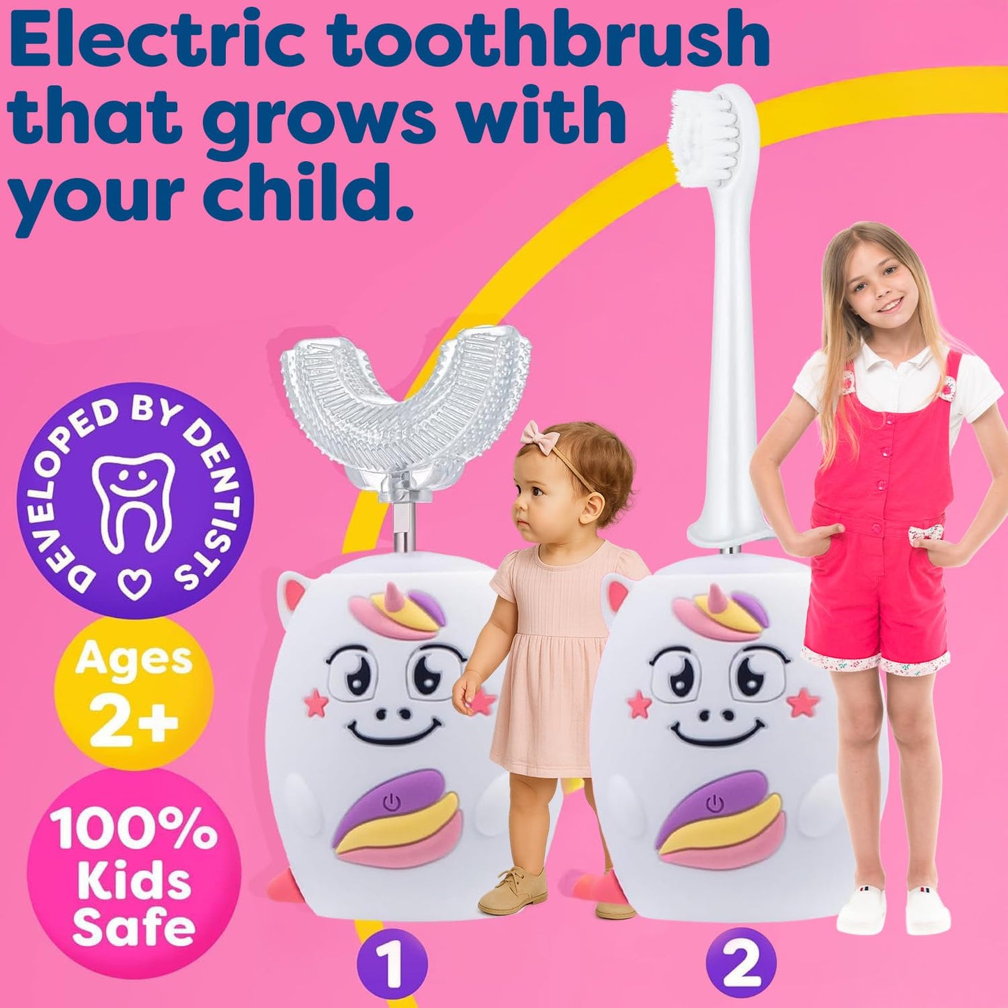 Trueocity Kids U-Shape Auto Electric Toothbrush – 360° Silicone Head, Unicorn Pink (Ages 2–7)