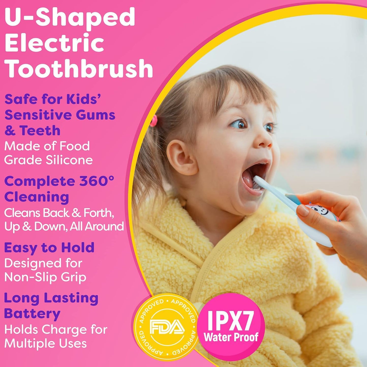 Trueocity Kids U-Shape Auto Electric Toothbrush – 360° Silicone Head, Unicorn Pink (Ages 2–7)