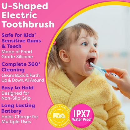 Trueocity Kids U-Shape Auto Electric Toothbrush – 360° Silicone Head, Unicorn Pink (Ages 2–7)