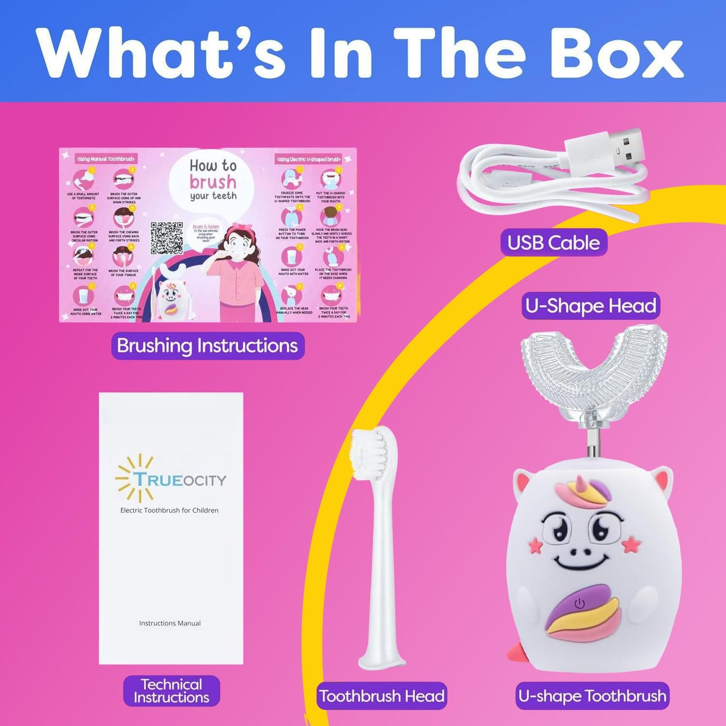 Trueocity Kids U-Shape Auto Electric Toothbrush – 360° Silicone Head, Unicorn Pink (Ages 2–7)