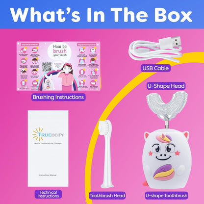 Trueocity Kids U-Shape Auto Electric Toothbrush – 360° Silicone Head, Unicorn Pink (Ages 2–7)