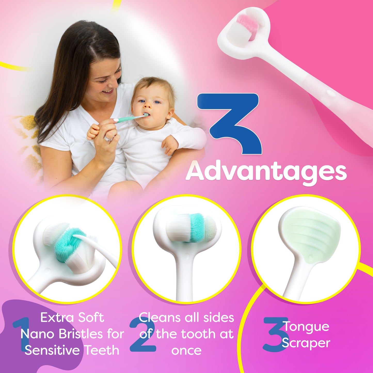 Trueocity Extra Soft Toddler Toothbrush 3-Pack – 3-Sided Toothhugger for Ages 12 Months+, 10,000 Ultra-Soft Bristles