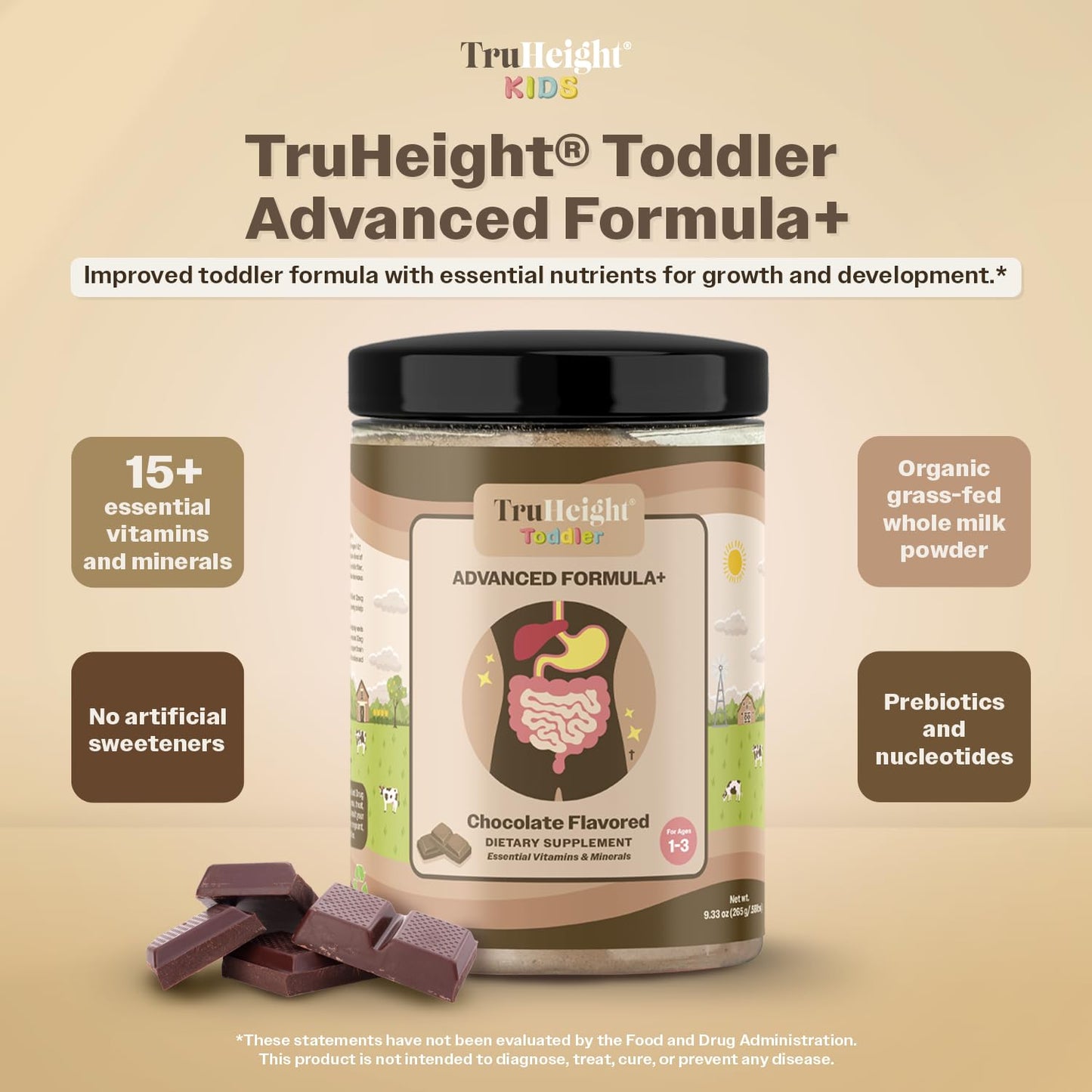 TruHeight Toddler Advanced Formula+ Chocolate – 16 Vitamins for 12-36 Months | Non-GMO