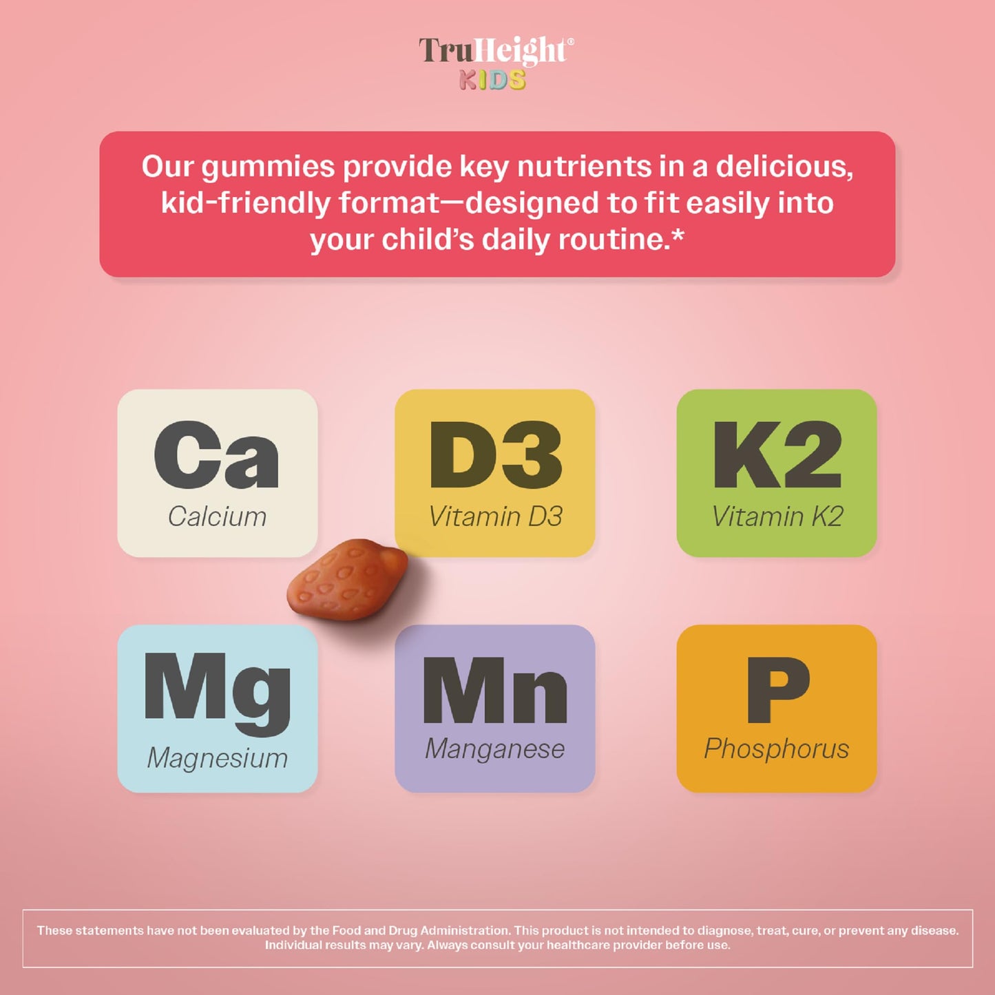TruHeight Kids Bone Growth Gummies - Strawberry, 2+ | D3, K2, Calcium
