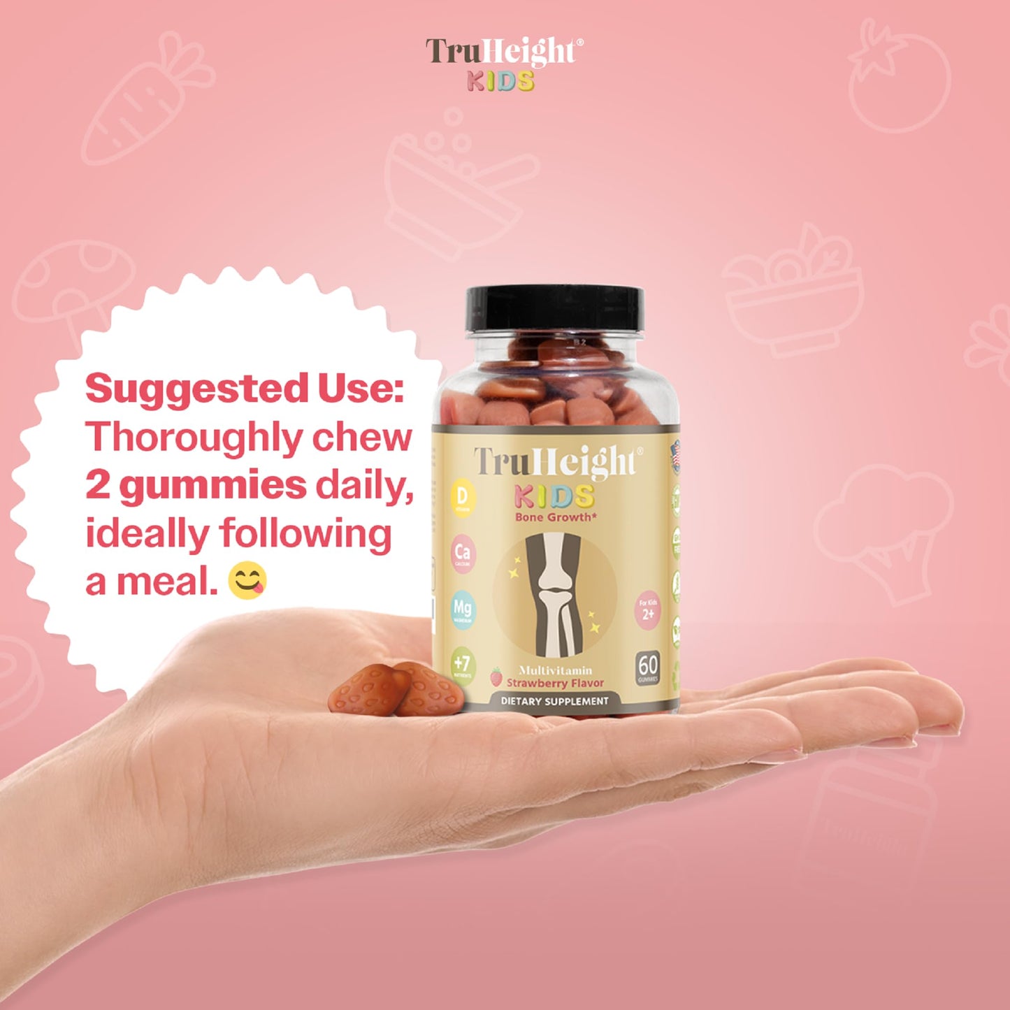 TruHeight Kids Bone Growth Gummies – Strawberry (Ages 2+) D3, K2, Calcium