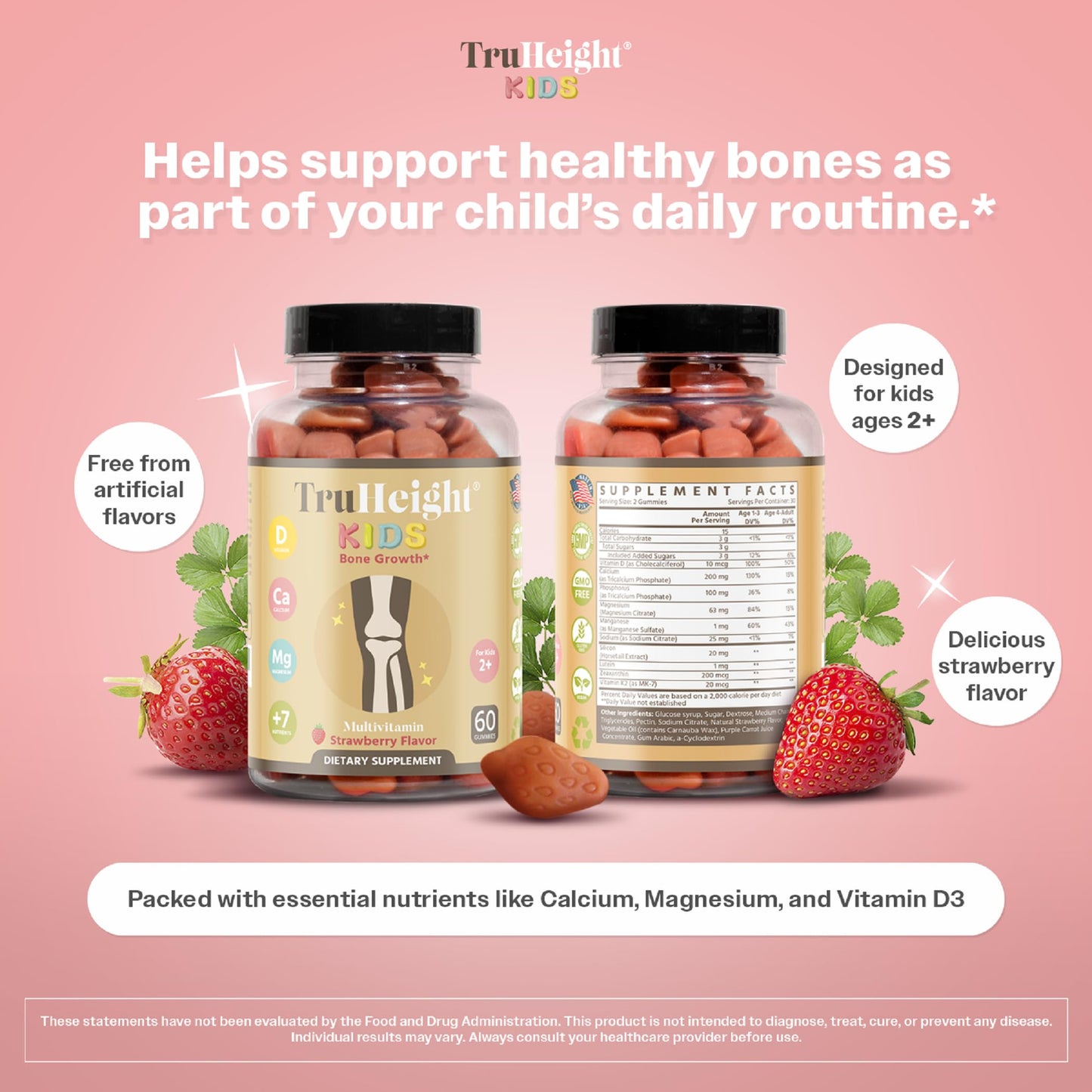 TruHeight Kids Bone Growth Gummies - Strawberry, 2+ | D3, K2, Calcium