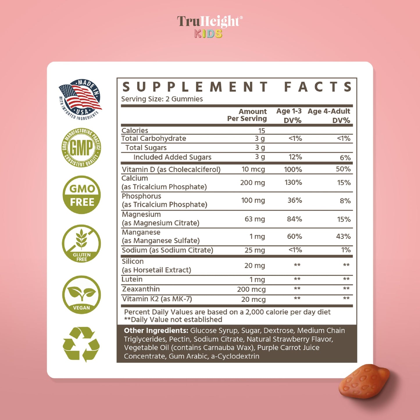 TruHeight Kids Bone Growth Gummies - Strawberry, 2+ | D3, K2, Calcium
