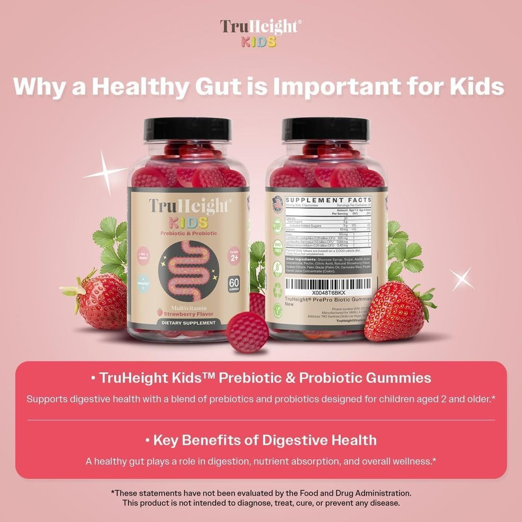 TruHeight Kids Prebiotic & Probiotic Gummies - Strawberry Flavor 2+