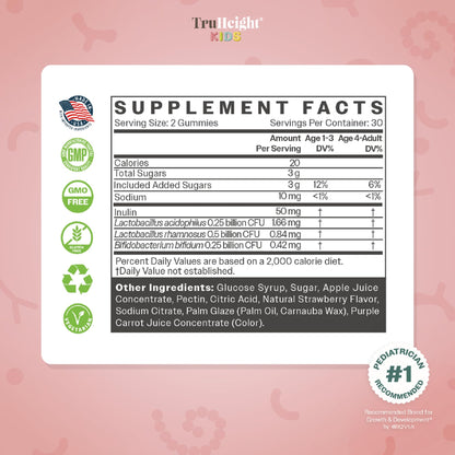 TruHeight Kids Prebiotic & Probiotic Gummies – Strawberry Flavor | 2+ Years Gut Health & Digestive Support