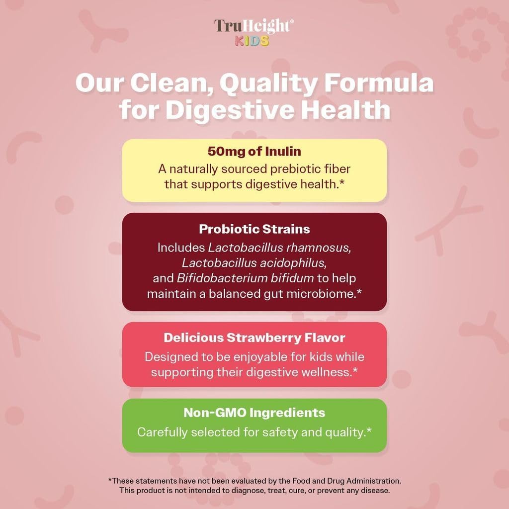 TruHeight Kids Prebiotic & Probiotic Gummies – Strawberry Flavor | 2+ Years Gut Health & Digestive Support