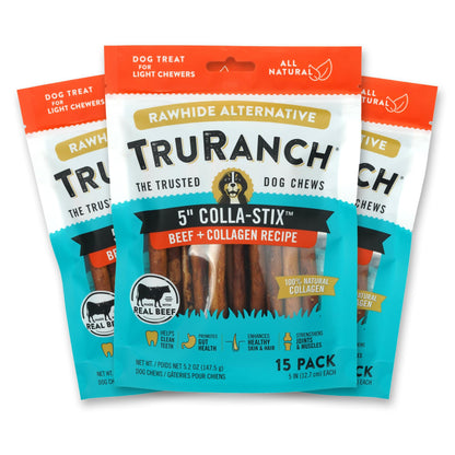 TRURANCH Collagen Sticks - 5-Inch Dog Treats, Rawhide Alternative, Beef, 3 Bags (45 Count)