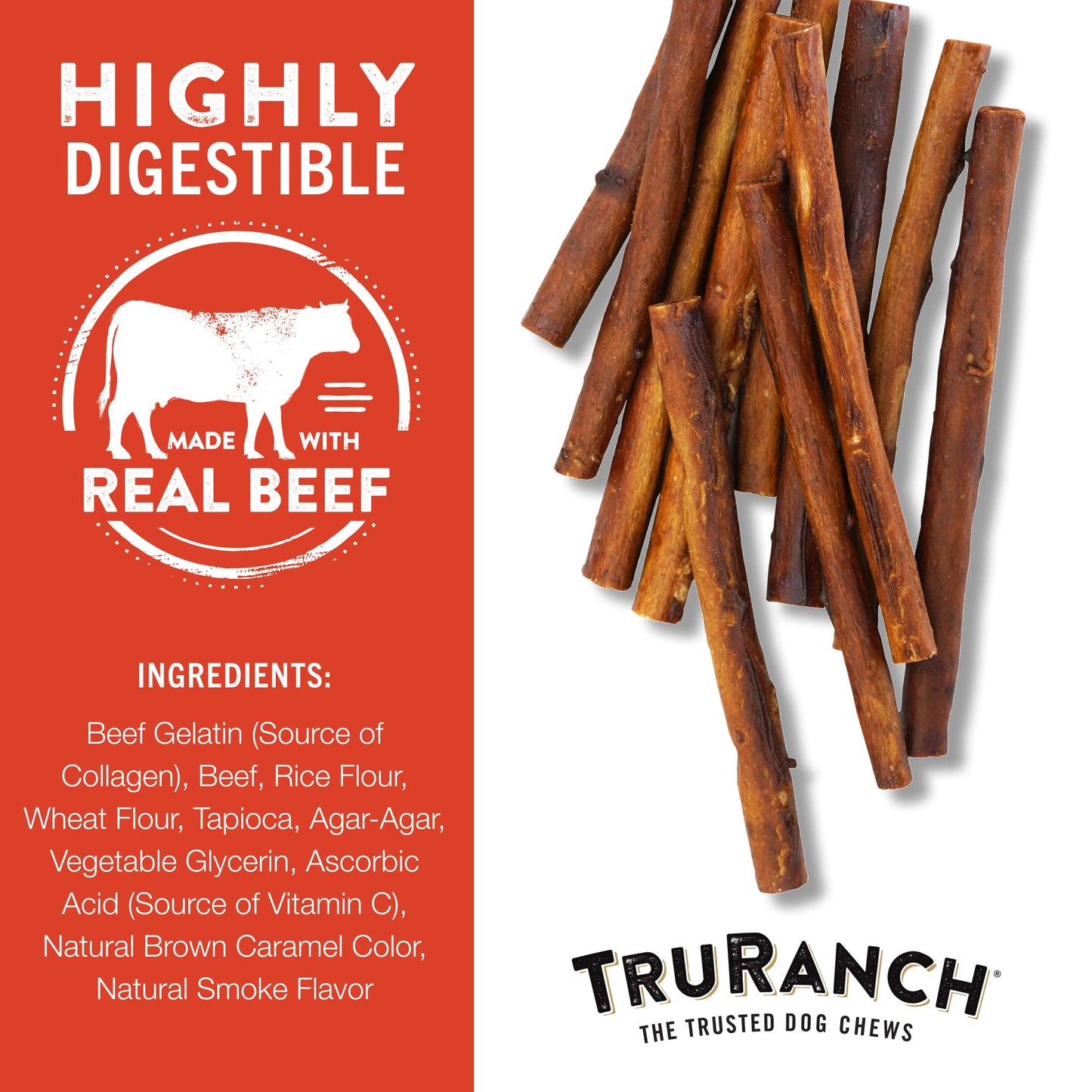 TRURANCH Collagen Sticks - 5-Inch Dog Treats, Rawhide Alternative, Beef, 3 Bags (45 Count)
