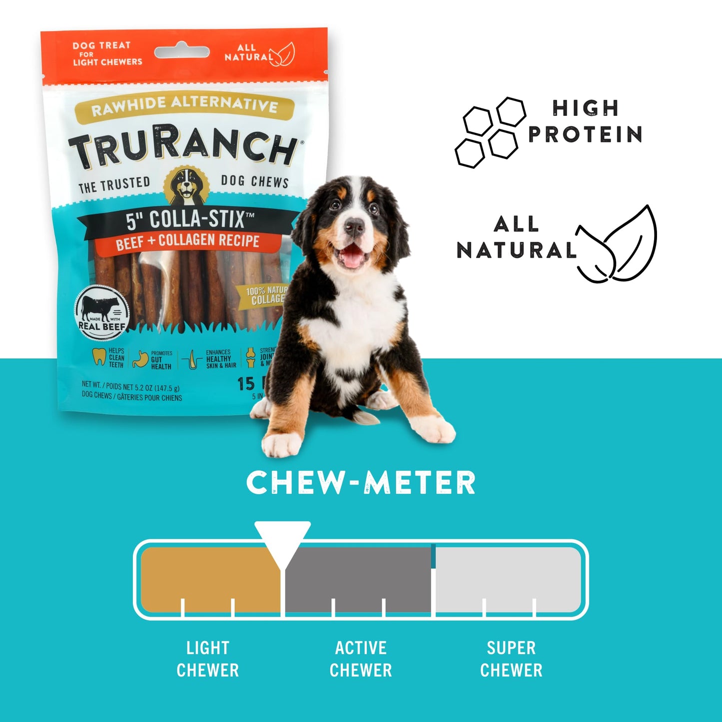TRURANCH Collagen Sticks - 5-Inch Dog Treats, Rawhide Alternative, Beef, 3 Bags (45 Count)