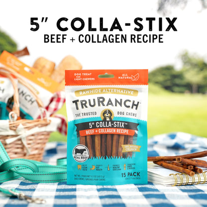 TRURANCH Collagen Sticks - 5-Inch Dog Treats, Rawhide Alternative, Beef, 3 Bags (45 Count)