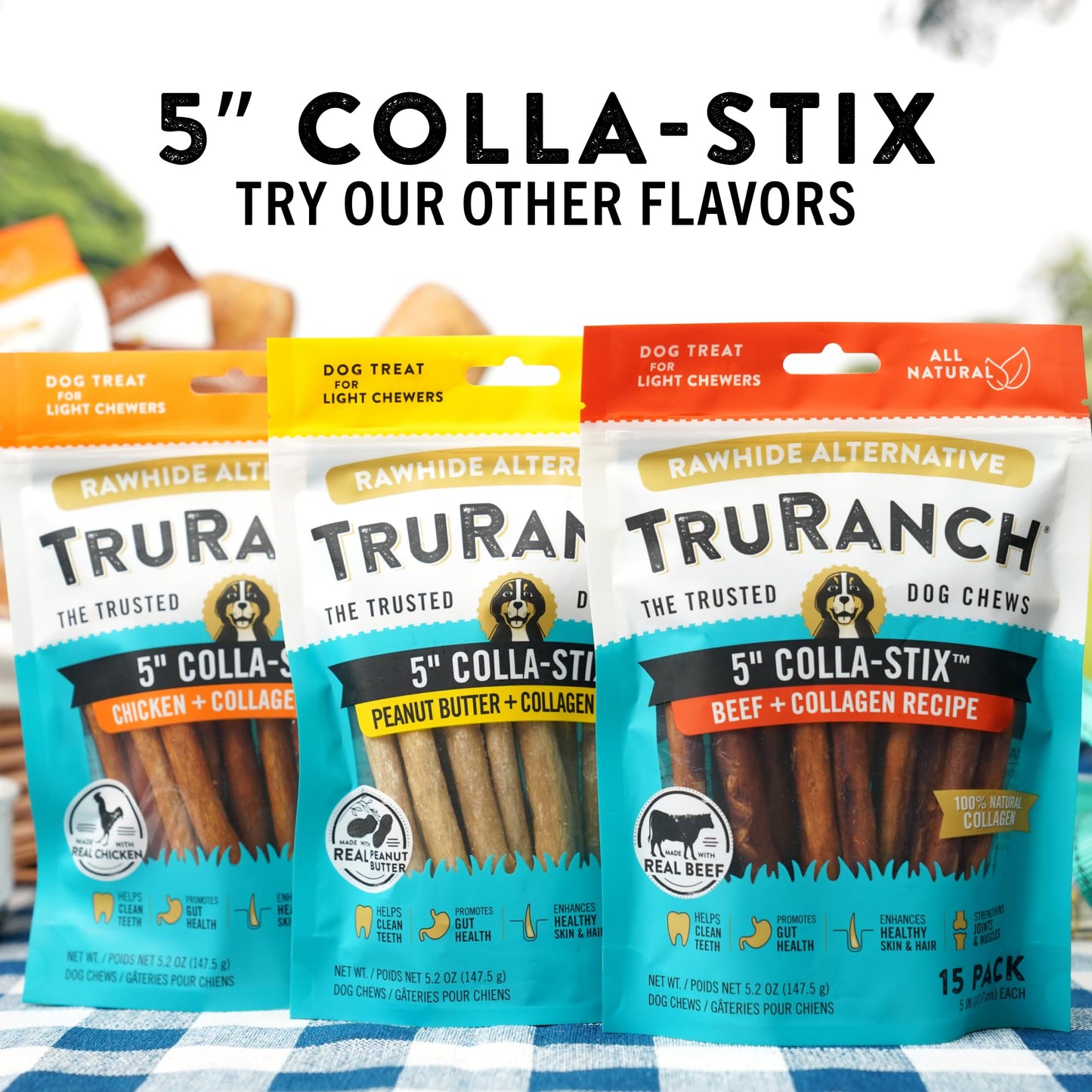 TRURANCH Collagen Sticks - 5-Inch Dog Treats, Rawhide Alternative, Beef, 3 Bags (45 Count)