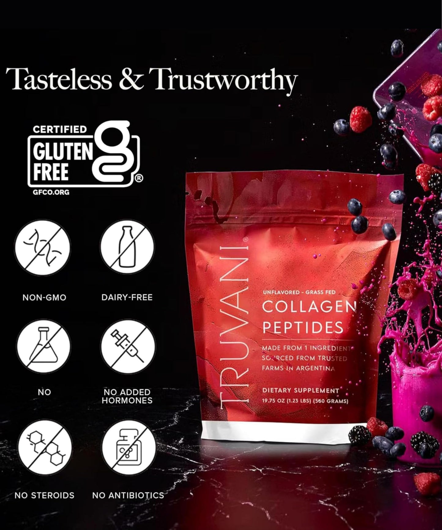 Truvani Hydrolyzed Collagen Peptides – Unflavored, 20g, 7 Servings | Grass-Fed, Keto