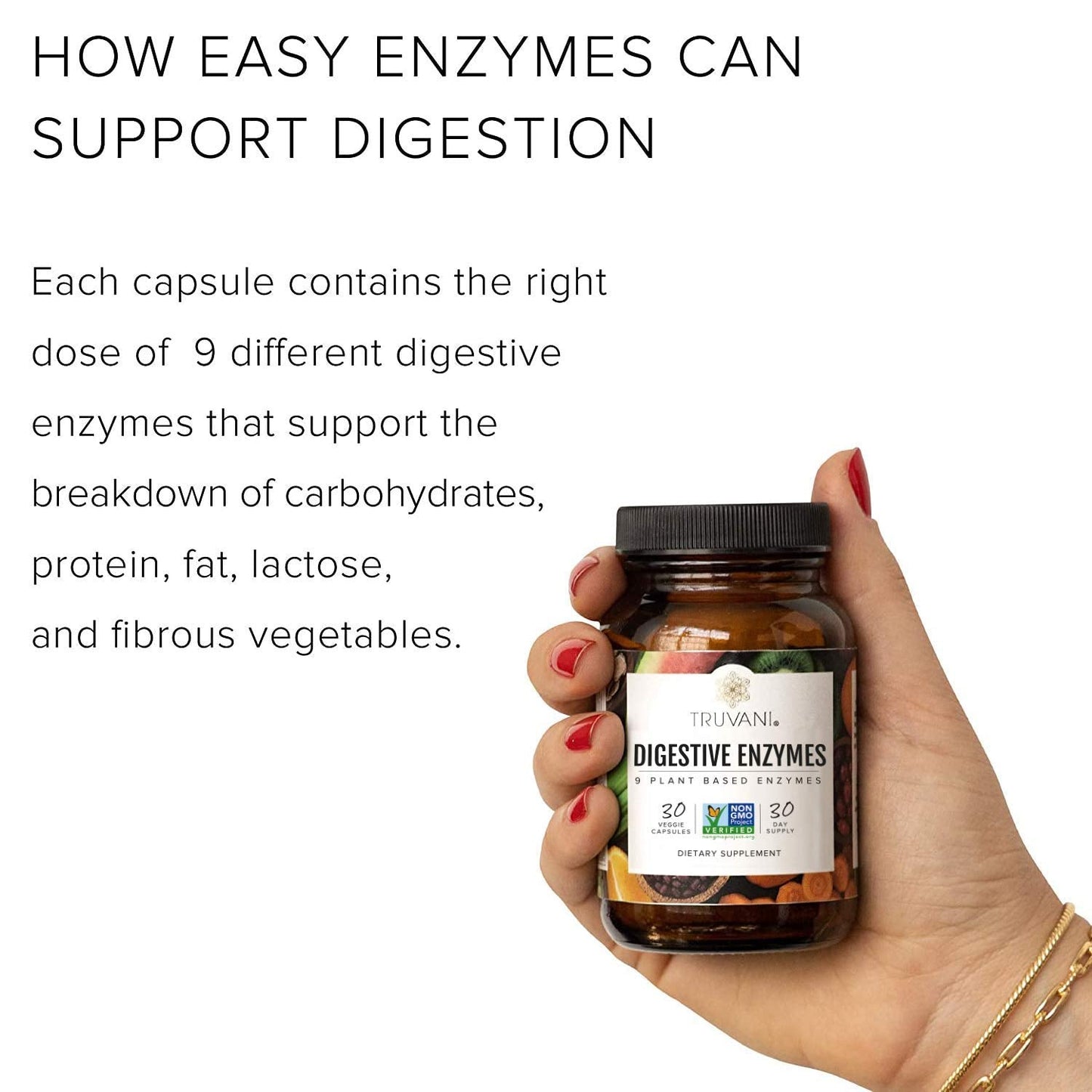 Truvani Digestive Enzymes – 9 Enzyme Blend for Digestive Support | Non-GMO Capsules | 30 Day Supply