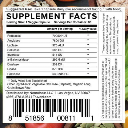 Truvani Digestive Enzymes – 9 Enzyme Blend for Digestive Support | Non-GMO Capsules | 30 Day Supply