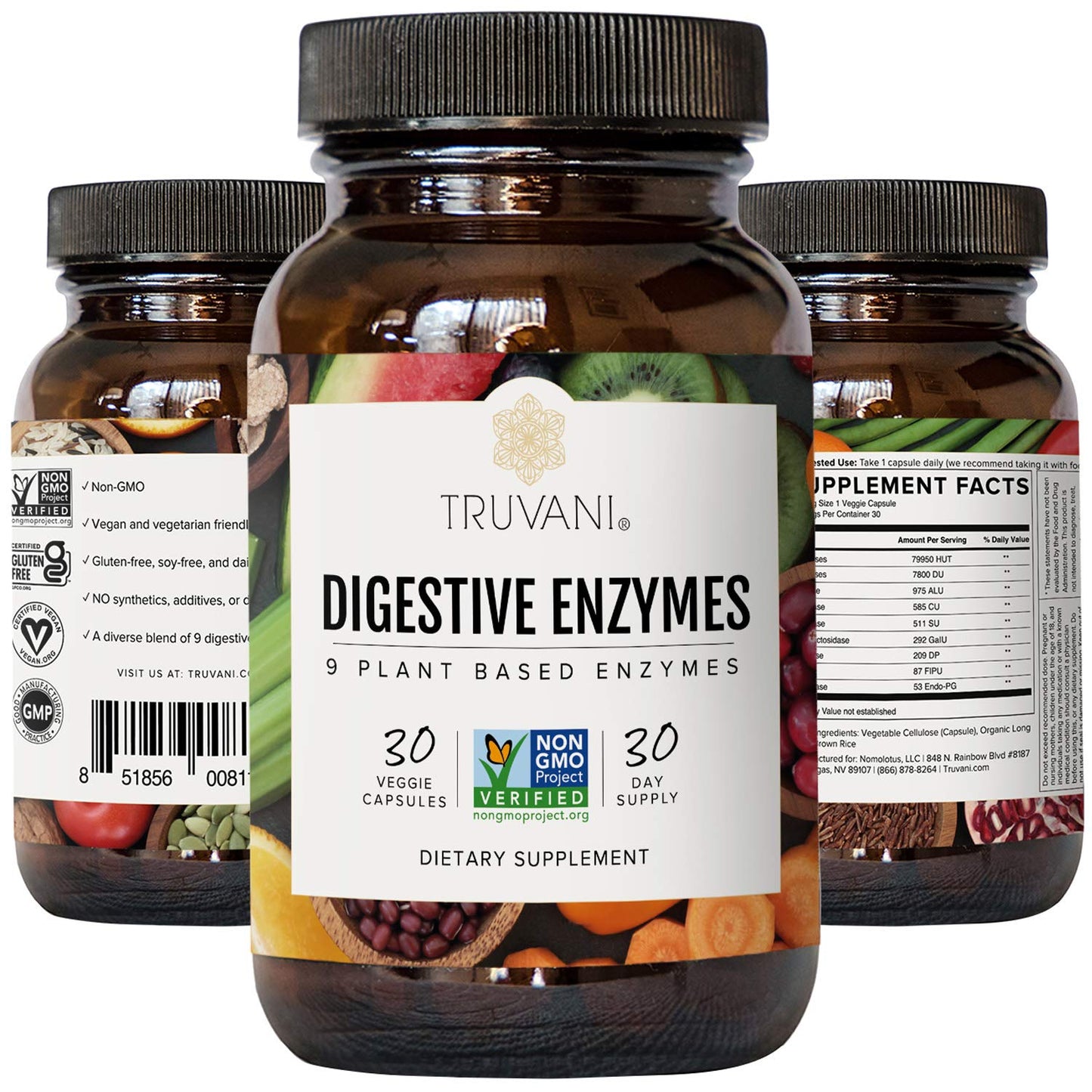 Truvani Digestive Enzymes – 9 Enzyme Blend for Digestive Support | Non-GMO Capsules | 30 Day Supply