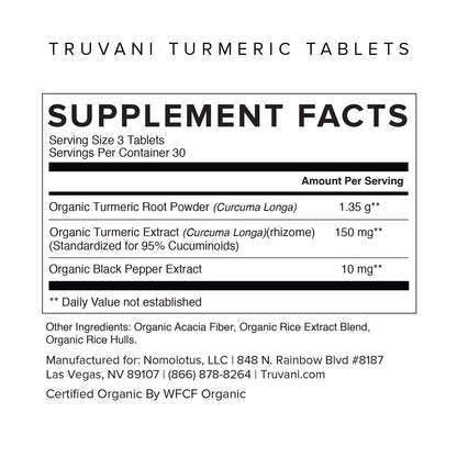 Truvani Organic Turmeric Curcumin 1,350 mg - 90 Tablets | Joint Support