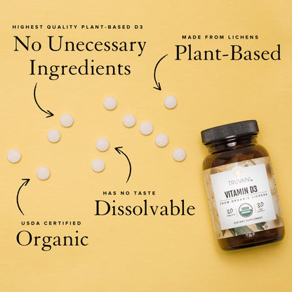 Truvani Organic Vitamin D3 - Plant-Based, USDA Organic, Gluten-Free (30 Tablets)