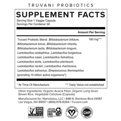 Truvani Probiotic Supplement | 30 Servings, 15B CFU | Vegan, Non-GMO