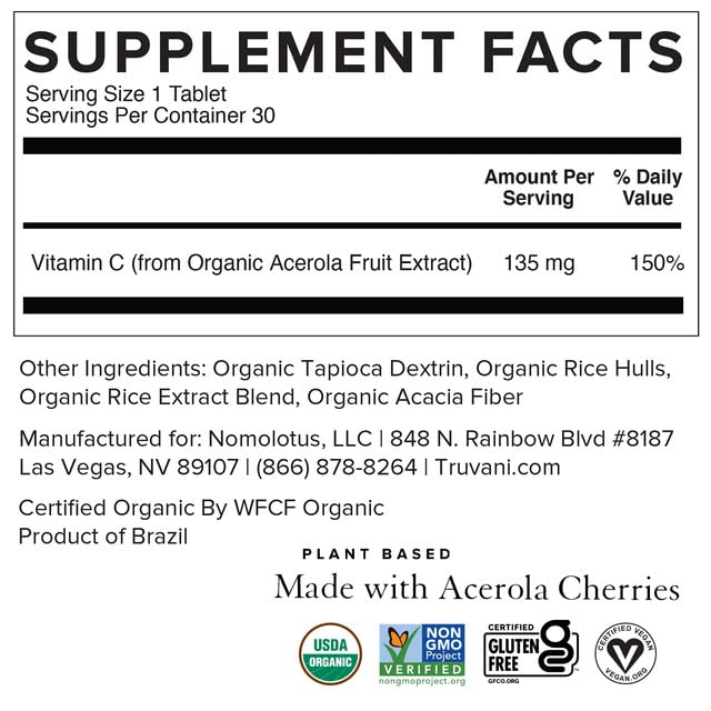 Truvani Vitamin C | USDA Organic, High Absorption & Immune Support | 30 Servings
