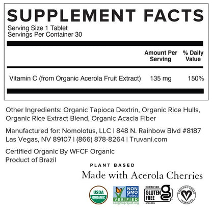 Truvani Vitamin C | USDA Organic, High Absorption & Immune Support | 30 Servings