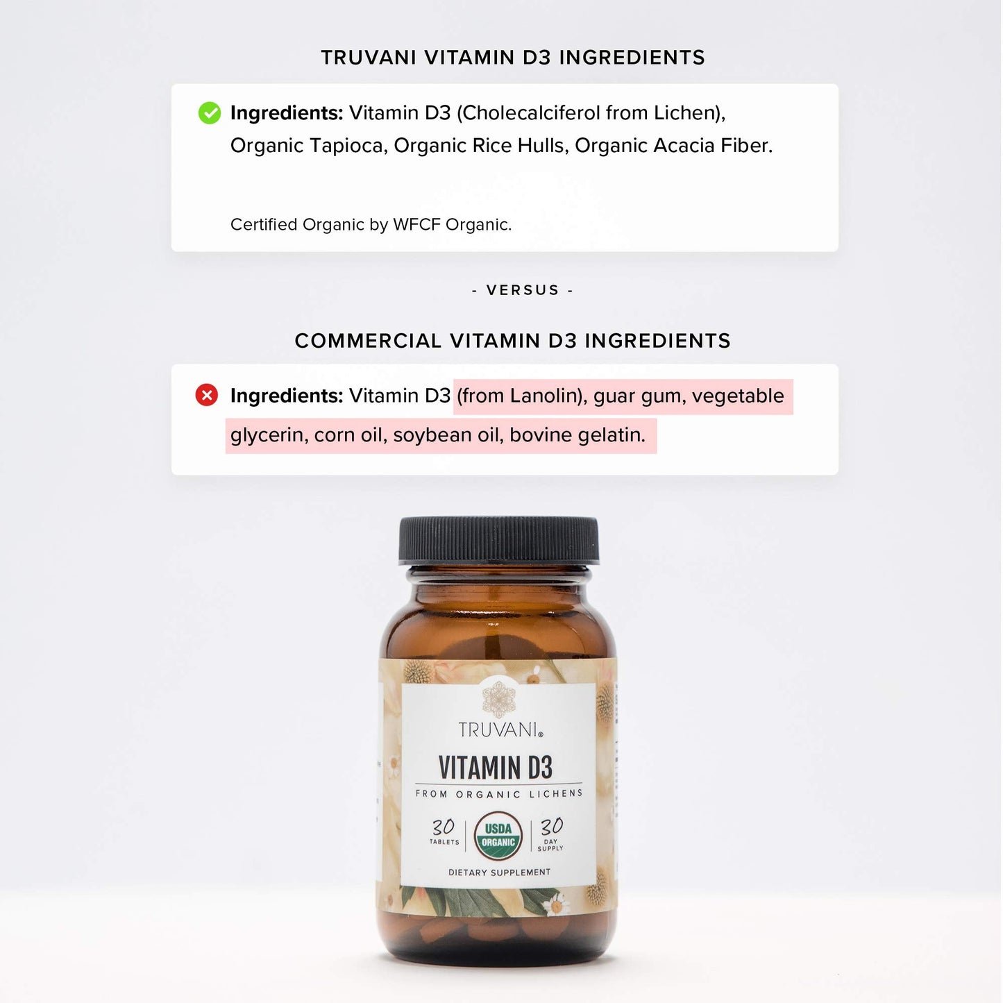 Truvani Organic Vitamin D3 - Plant-Based, USDA Organic, Gluten-Free (30 Tablets)