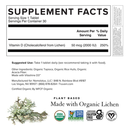 Truvani Organic Vitamin D3 - Plant-Based, USDA Organic, Gluten-Free (30 Tablets)