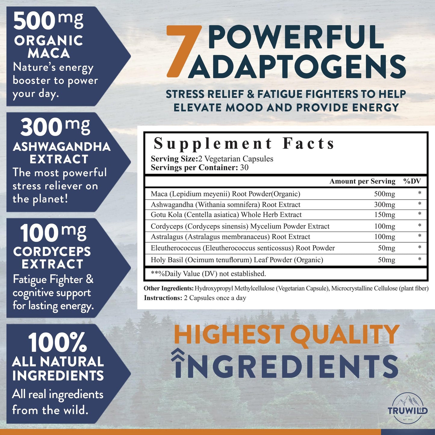 TruWild Adaptogen Blend – Cordyceps, Maca & Ashwagandha (60 Caps)
