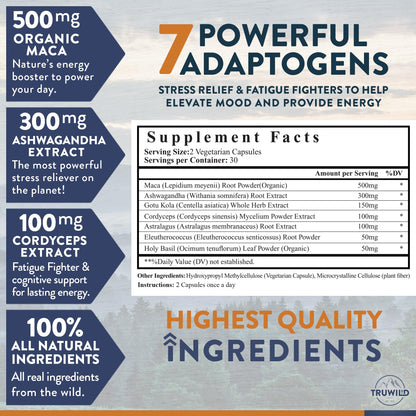 TruWild Adaptogen Blend – Cordyceps, Maca & Ashwagandha (60 Caps)