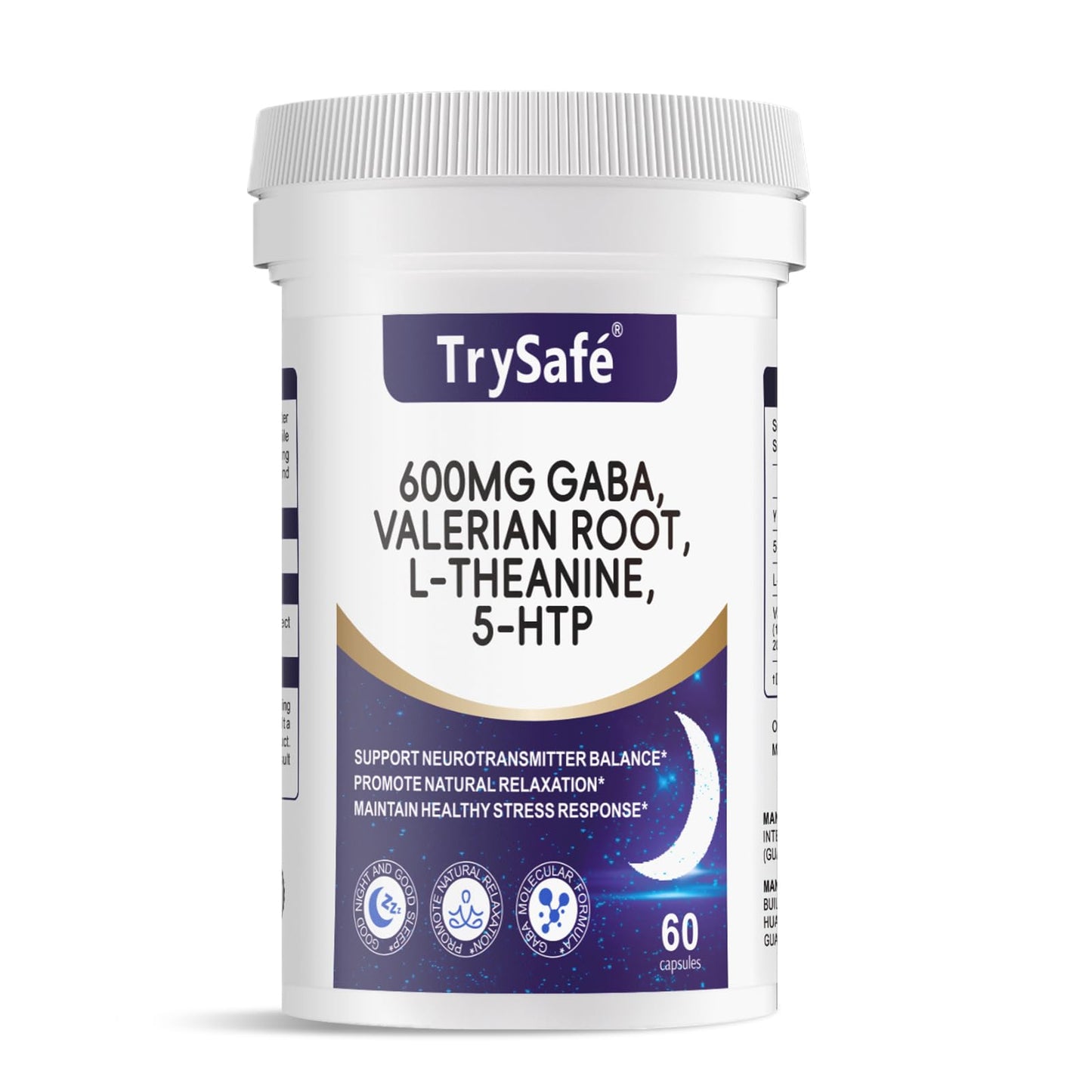 TrySafe 600mg GABA Sleep Aid with Valerian, L-Theanine & 5-HTP | 60 Capsules