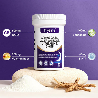 TrySafe 600mg GABA Sleep Aid with Valerian, L-Theanine & 5-HTP | 60 Capsules