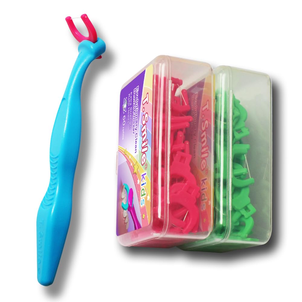 T.Smile Kids Evolutionary Clean Dental Flosser Kit – Fluoride Free, Blue Handle + 120 Refills, Ages 3+
