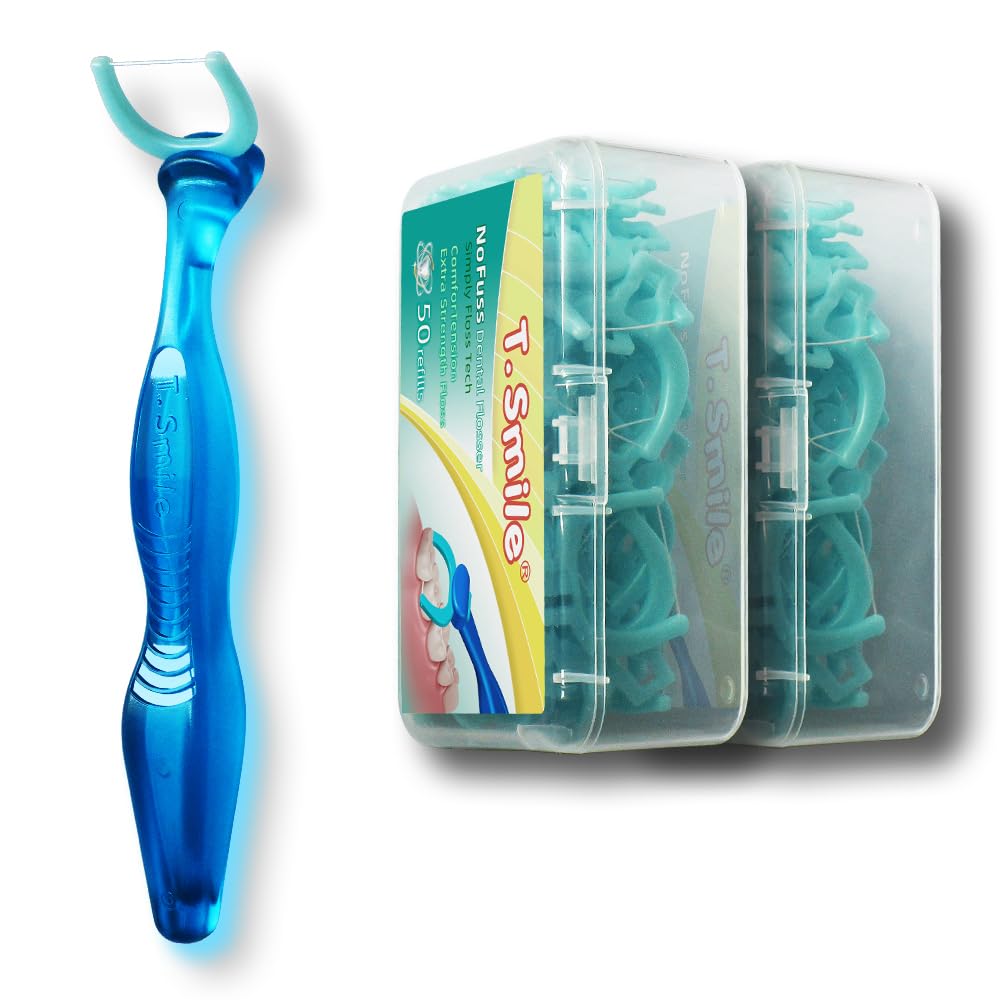 T.Smile NoFuss Dental Flosser Kit – 5-Inch Handle & 100 Refills (Fluoride Free)
