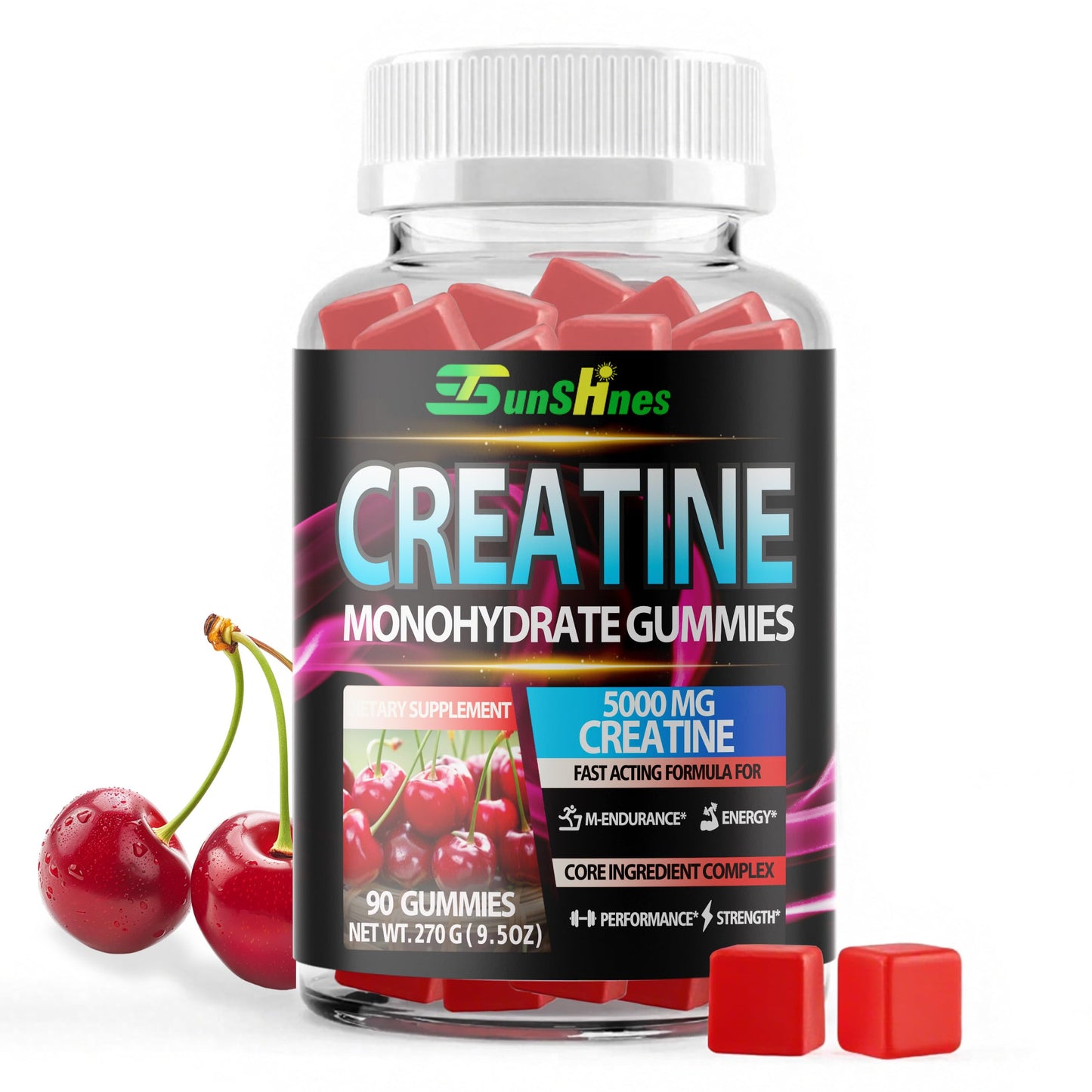 Tsunshnes Creatine Monohydrate Gummies 5g (5000mg) - Sugar-Free, Vegan, Non-GMO - 90 Count Cherry Flavor