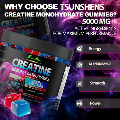 Tsunshnes Creatine Monohydrate Gummies 5g (5000mg) - Sugar-Free, Vegan, Non-GMO - 90 Count Cherry Flavor