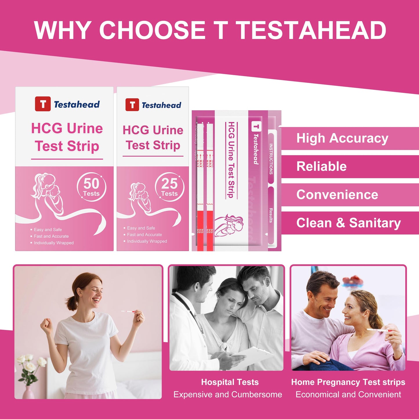 T TESTAHEAD Pregnancy Test Strips – 50 Count, High Sensitivity Home Test for Early Detection