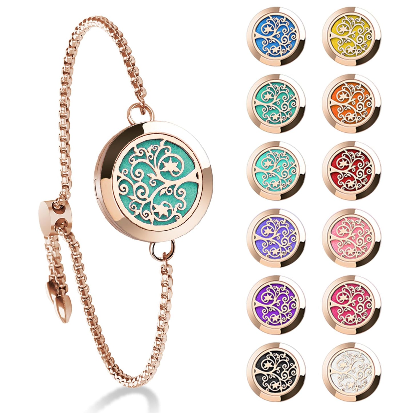 ttstar Essential Oil Diffuser Bracelet - Stainless Steel Aromatherapy Locket, Adjustable, 24 Refill Pads, 12 Colors (Rose Gold) | Gift for Women