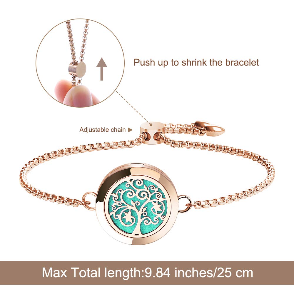 ttstar Essential Oil Diffuser Bracelet - Stainless Steel Aromatherapy Locket, Adjustable, 24 Refill Pads, 12 Colors (Rose Gold) | Gift for Women