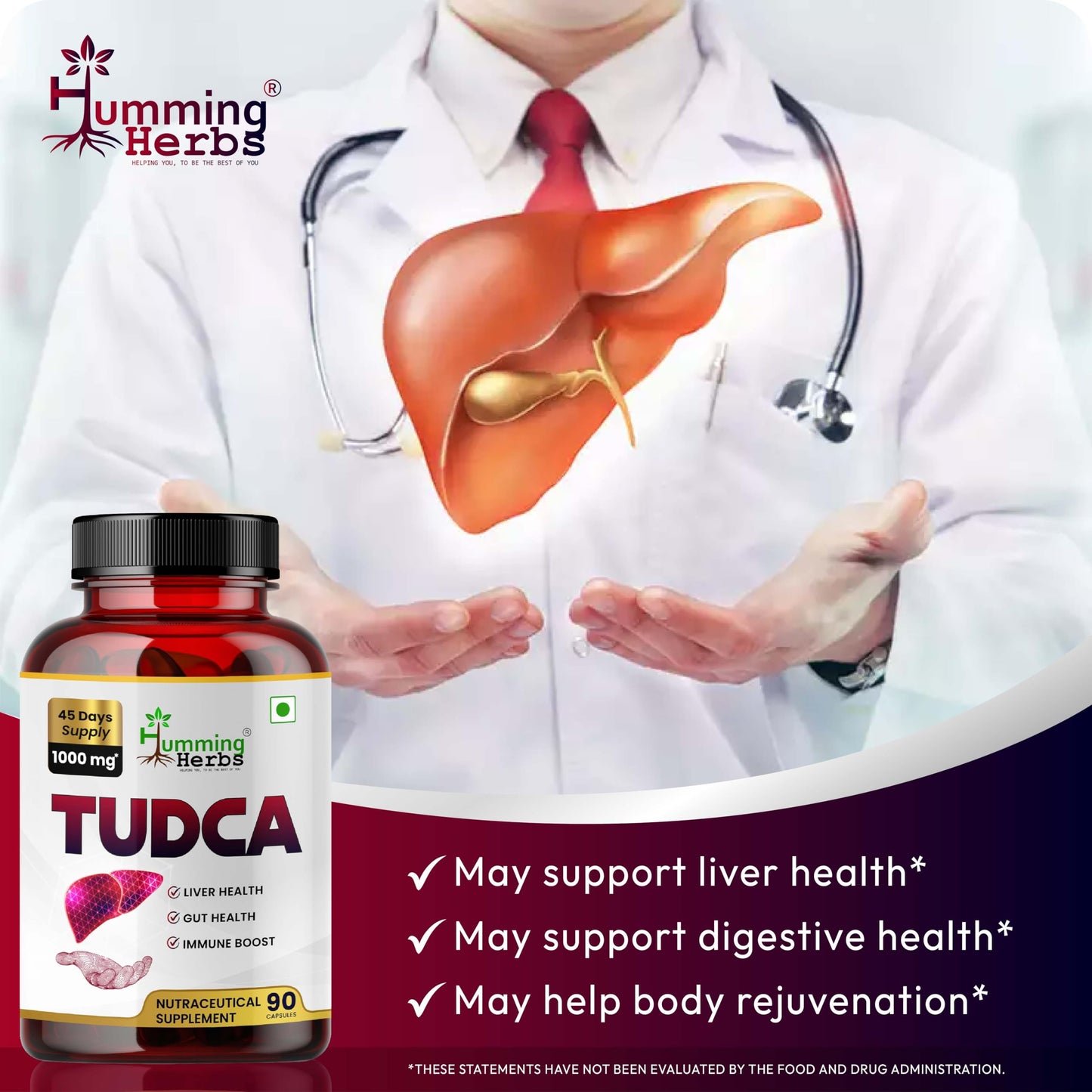 Humming Herbs TUDCA 1000MG – Tauroursodeoxycholic Acid (TUDCA) 90 Capsules