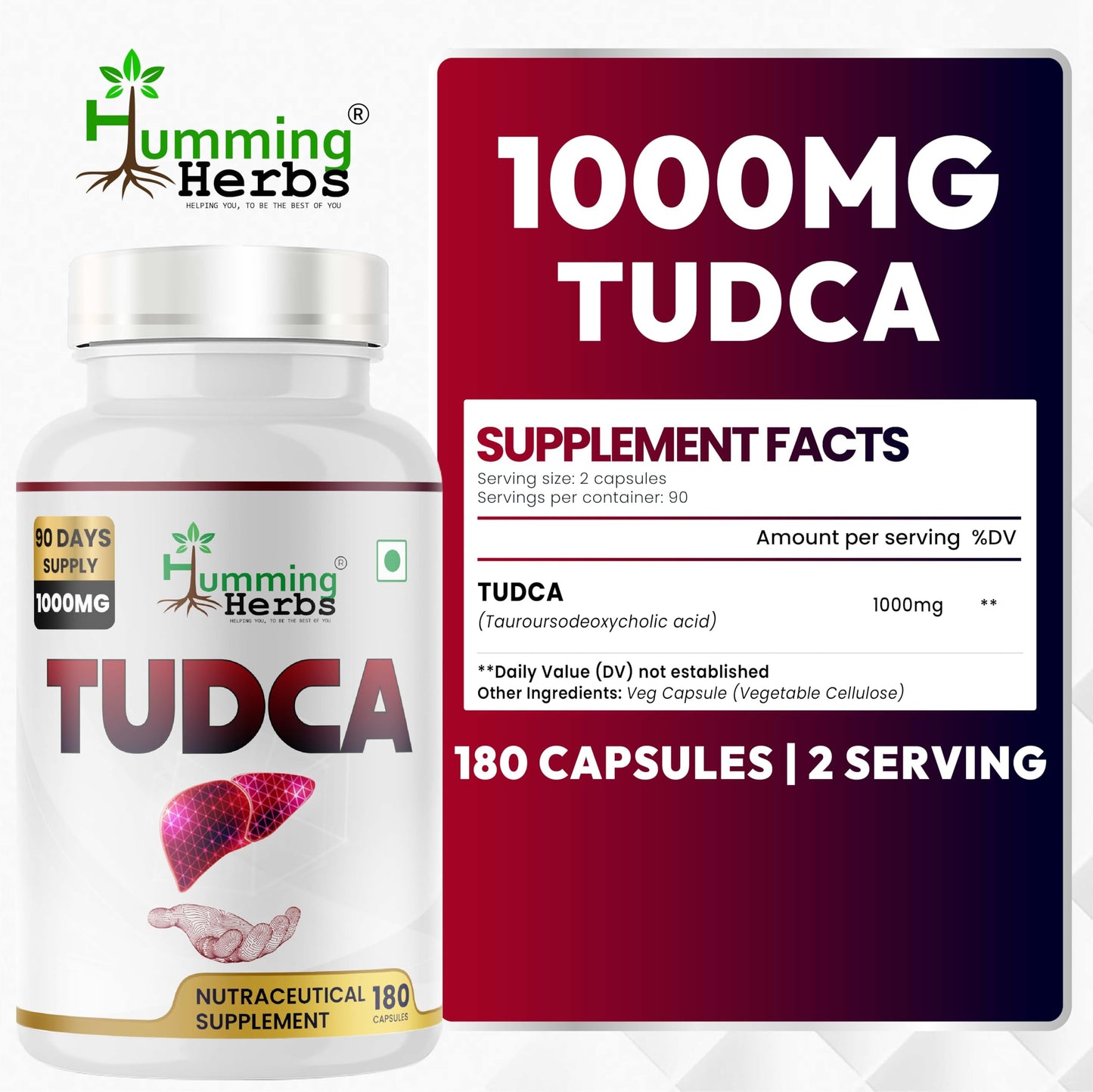 TUDCA Tauroursodeoxycholic Acid Supplement 1000mg - 180 Vegan Capsules - Non-GMO