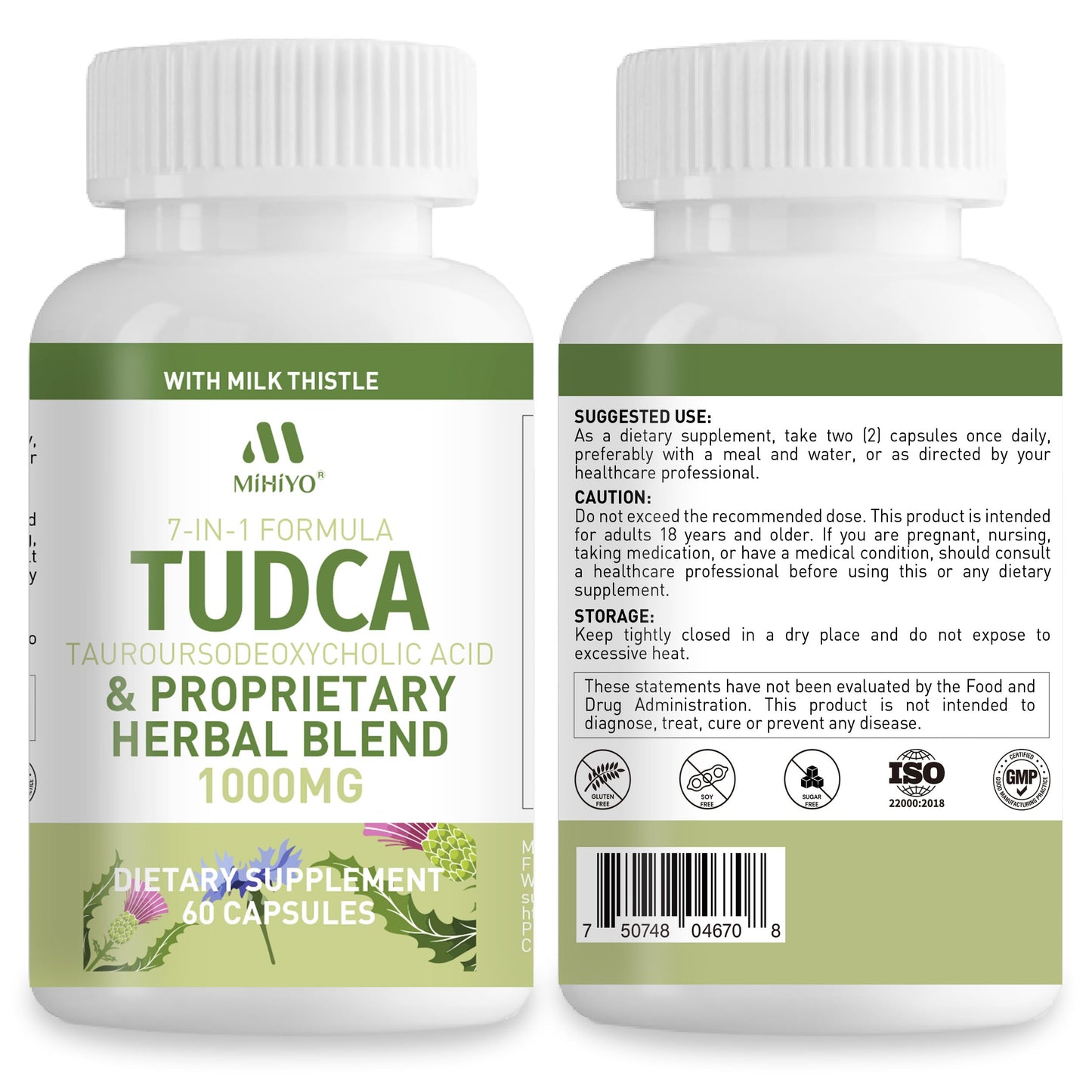 TUDCA Supplement 1000mg – Bile Salts and Liver Support with Milk Thistle – 6 Herb Blend Gallbladder Formula – 60 Capsules