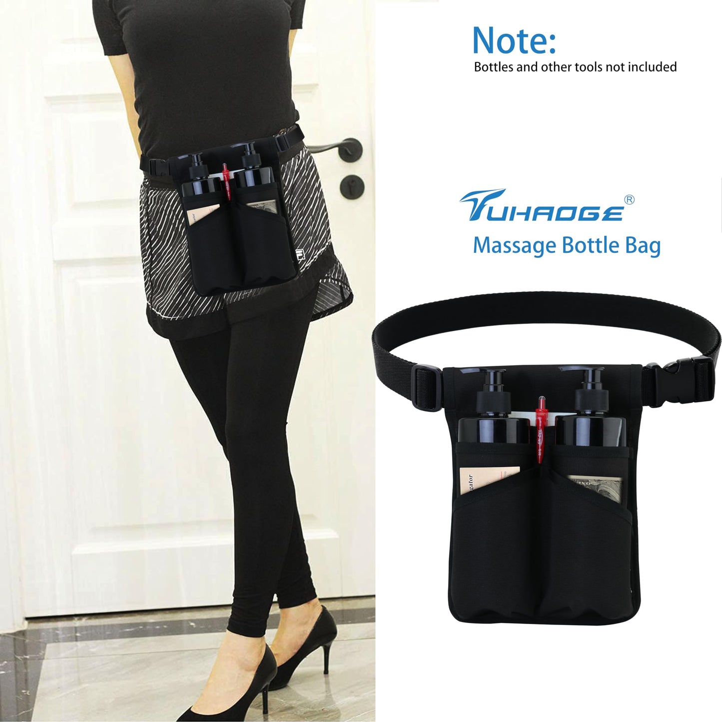 Tuhaoge Massage Bottle Bag for 2 Bottles - Oil & Lotion Holster TH-XJ-2 Black