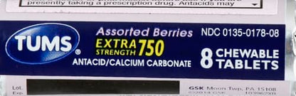 TUMS EX Assorted Berries – 8 Count (Pack of 12) | Fast-Acting Heartburn Relief