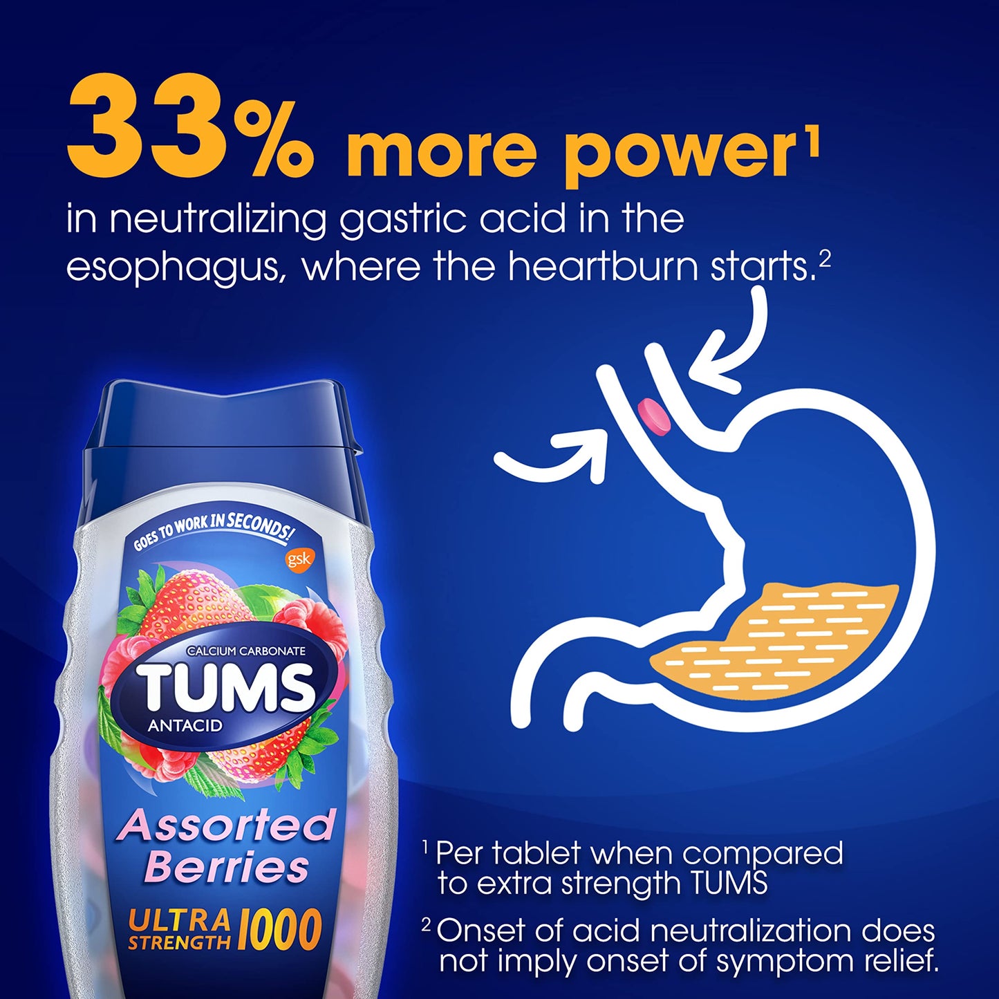TUMS Ultra Strength Chewable Antacid Tablets for Fast Heartburn Relief - Assorted Berries, 72 Count